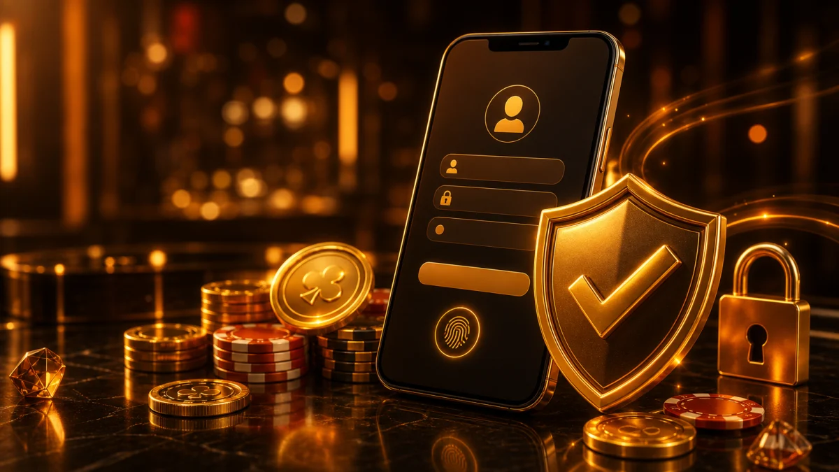 Smartphone com escudo dourado, cadeado e elementos de segurança mobile